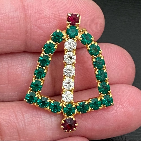 Vintage Green Red Clear Rhinestone Christmas Bell Small Pin Brooch - Picture 3 of 9